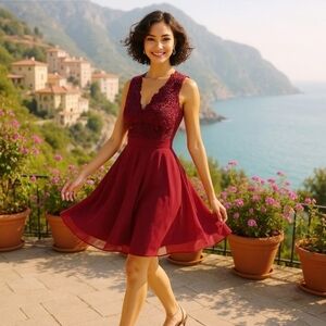 Lulus ✦ Romantic Lace Skater Dress ✦ Crocheted Bodice + Chiffon Skirt Open Back